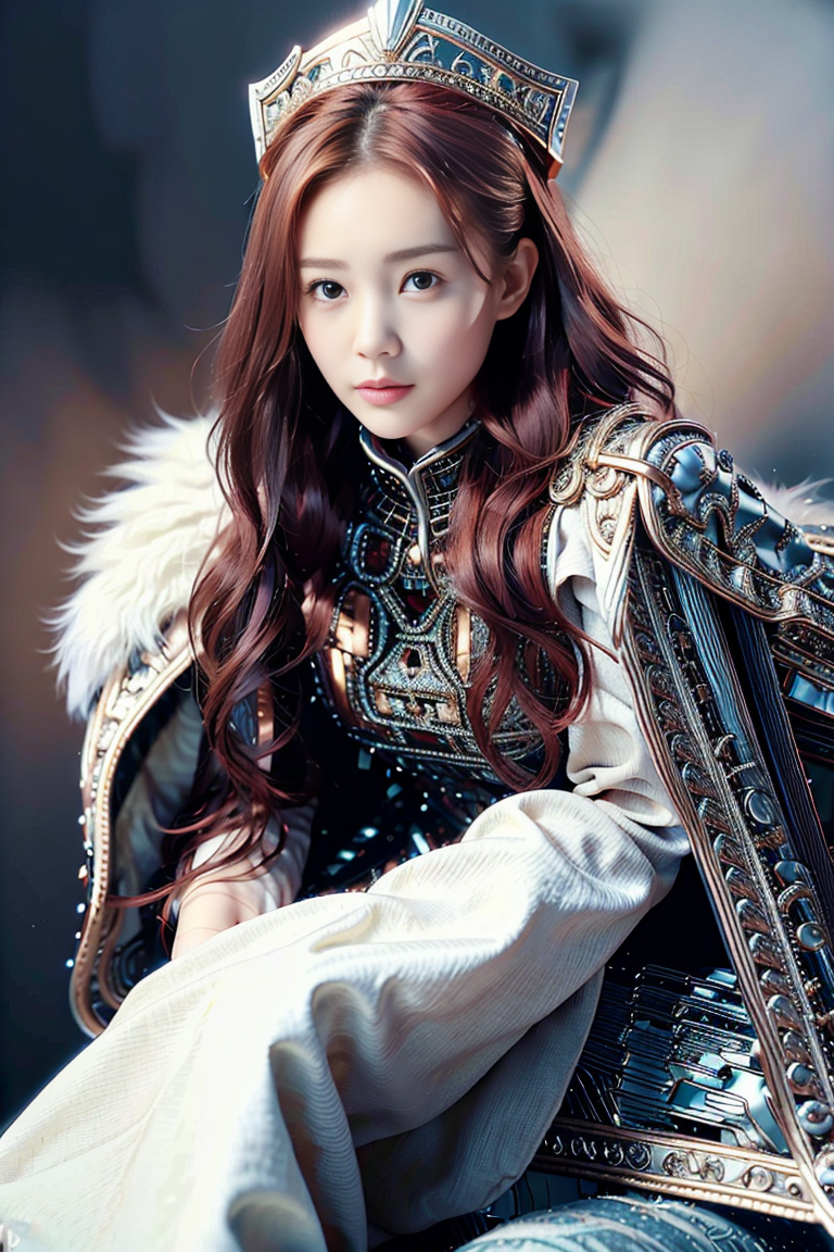 00682-3174869587-1 girl, (face_), long hair, upper body, close up, solo, red hair, snowing, realistic, cape, (armor_), sit on the throne, gray ey.png